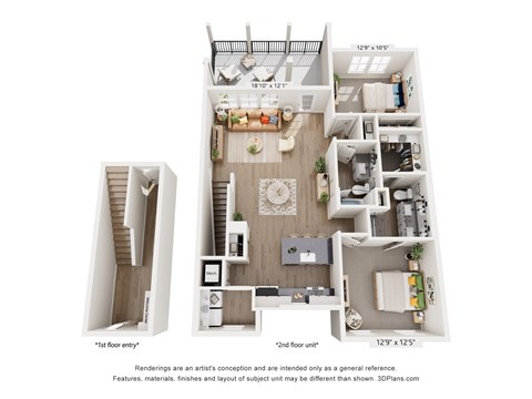 A floor plan of a two-story apartment with a living room, kitchen, and two bedrooms.